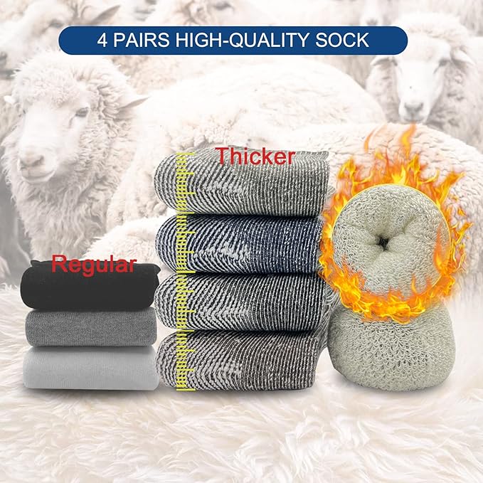 Caudblor Men's Merino Wool Hiking Socks-Thermal Warm Crew Winter Ankle for Trekking,Cycling,Multi Performance,4 Pack