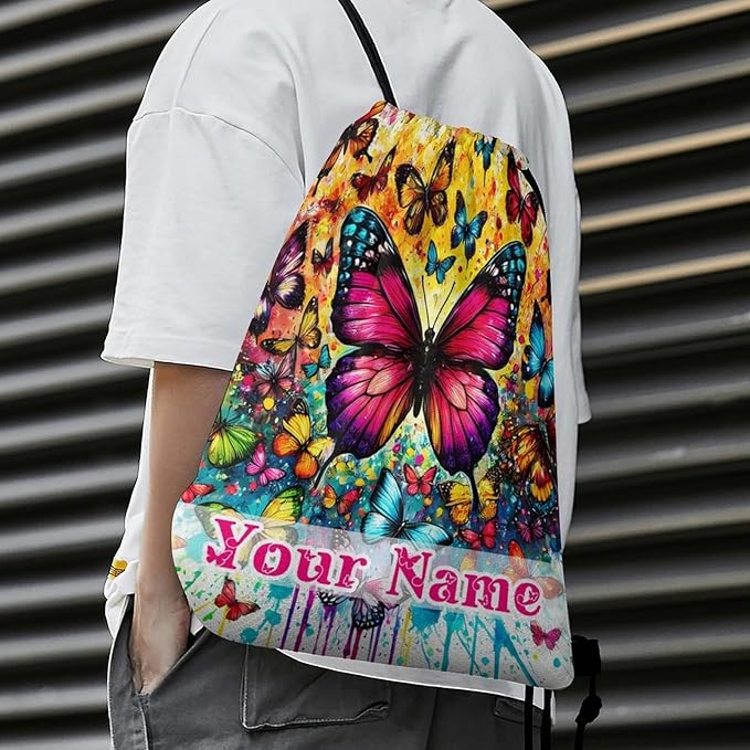 Custom Butterfly Drawstring Backpack - Cute Cinch Sack, String Backpacks for Kids Boys Girls Women Men for Gym Outdoor Sports Travel Athletic Drawstring Bag - Lightweight/Foldable