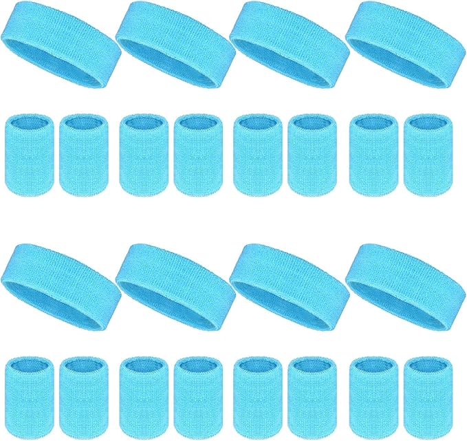 24 Pcs Neon Sweatbands Set Include 8 Pcs Sports Headband and 16 Pcs Cotton Wristbands 80s Neon Sweat Bands Bulk for Gym, Tennis, Basketball, Running, Exercise