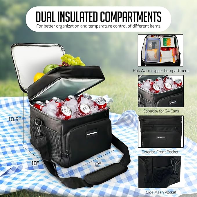 OVENTE Insulated Cooler Bag, Soft Lunch Bag for Men/Women with Leakproof Double Deck Compartment