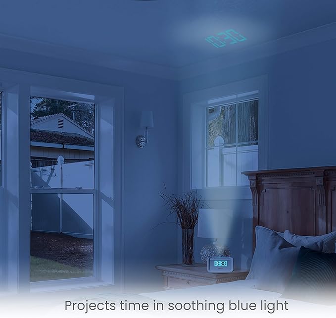 HoMedics Sound Machine and Alarm Clock with Time Projection. White Noise Sound Machine with a Digital FM Alarm Clock Radio, 8 Sounds, Snooze, Sleep Timer and Night Light