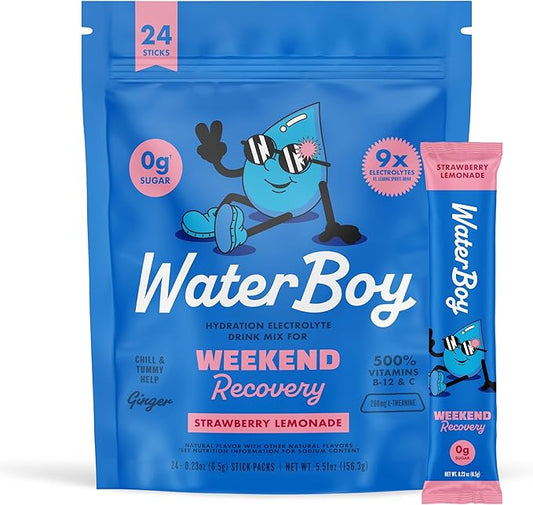 Waterboy Weekend Recovery | 3,200mg Electrolyte Powder Packets | Ginger + L-Theanine + Vitamins | No Sugar, All Natural, Gluten Free | 24 Drink Stick Mixes (Strawberry Lemonade)