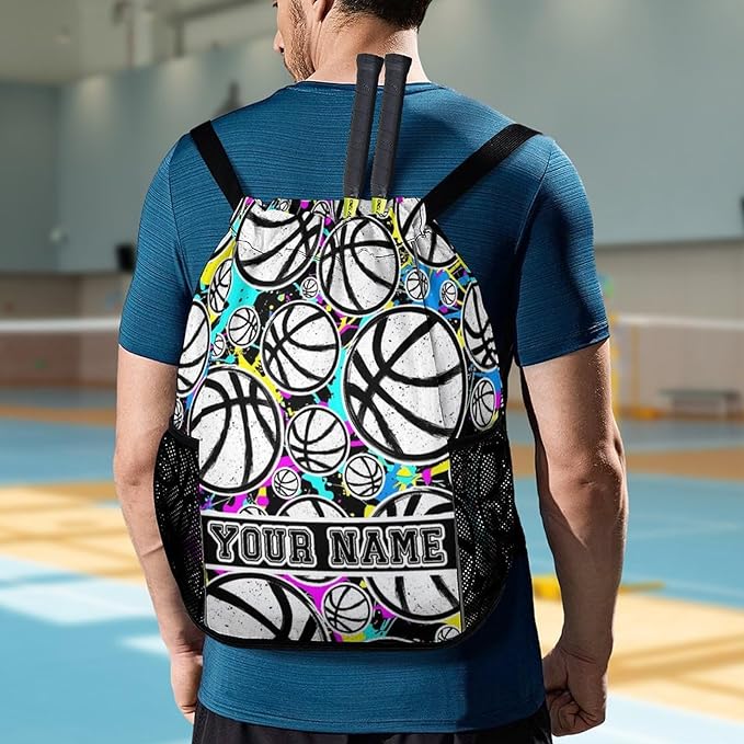 Custom Basketball Drawstring Backpack - Cool Cinch Sack, String Backpacks with Pocket for Kids Women Men Boys Girls for Gym Outdoor Sports Travel Athletic Drawstring Bag - Lightweight/Foldable