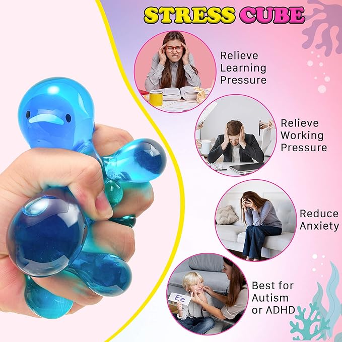 Squishy Stress Cube Fidget Toys Adults - Glow in The Dark Sensory Toys for Kids with Autism Stress Balls for Kids Squeeze Toys for Anxiety Stress Relief Gifts Whale Crab Octopus