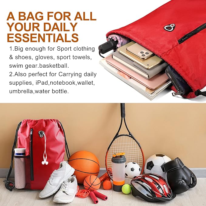 BeeGreen Red Lightweight Drawstring Backpack For Women W Water Bottle Pocket &Front Zippered Pocket Large Sports String Sackpack For Traveling Yoga Beach Outdoor Gym