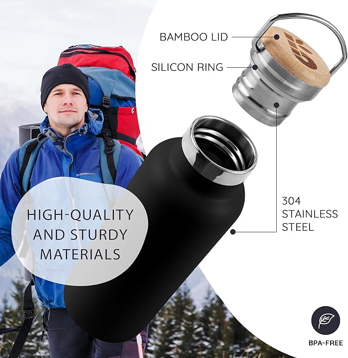 Bambaw Thermo Water Bottle 12 oz, Black Water Bottle, Insulated Water Bottle, Small Metal Water Bottle Stainless Steel, Wide Mouth, Leakproof, Cold & Hot Water Bottle – Jet Black