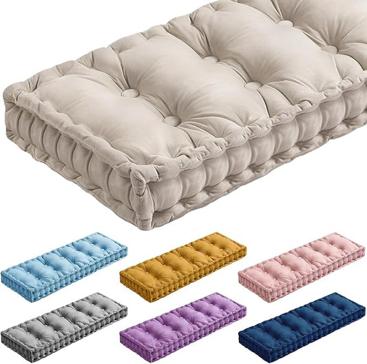 Bench Cushions for Indoor Furniture 48x18 Inch Velvet Kitchen Dining Piano Window Seat Cushion, Tufted Patio Porch Swing Thicken Bench Pad Memory Foam(Ivory White)