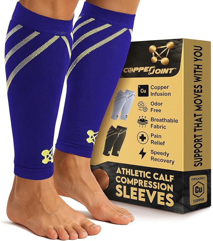CopperJoint Running Calf Compression Sleeve Women – Easy-On Footless Calf Compression Sleeves for Men, Support Mens Leg Sleeves for Runners, Basketball, Sports, Copper Infused Nylon - Blue, Large