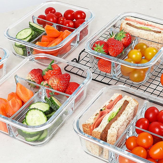 KOMUEE Glass Meal Prep Containers 3 Compartments, 5 Pack 36 oz, Glass Food Storage Containers with Lids, Airtight Lunch Bento Box, Portion Control, Freezer and Microwave Safe