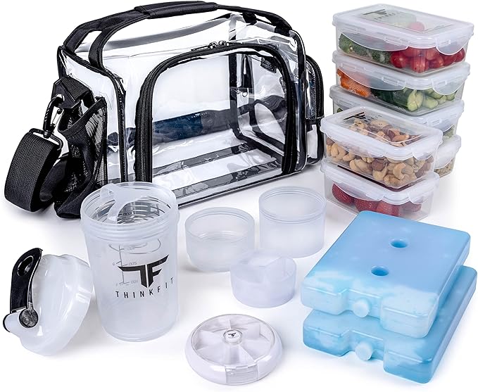 ThinkFit Clear Lunch Bag with 6 Meal Prep Containers - BPA-Free, Reusable, Microwave + Freezer Safe - With Shaker Cup and more! Clear Lunch Box - Transparent Bag for Work