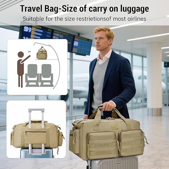 Duffle Bag for Men Women, Gym Bags & Tactical Duffle Bag with Shoe Compartment, Weekender Overnight Bag for Travel Workout, Khaki