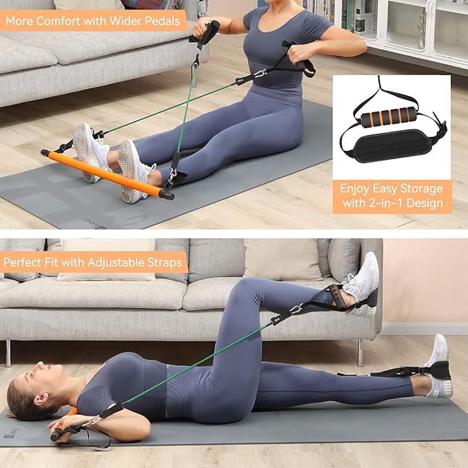 Hommie Portable Pilates Bar Kit with Resistance Bands for Men and Women，Upgraded 3 Section Pilates Bar with Resistance Bands (20-60lb) for Home Gym Equipment Supports Full-Body