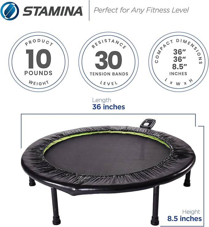 Stamina Folding Trampoline with Smart Workout App, Black - Portable Fitness Rebounder for Home Gym, Cardio & Strength Training, Jumping Exercise Equipment