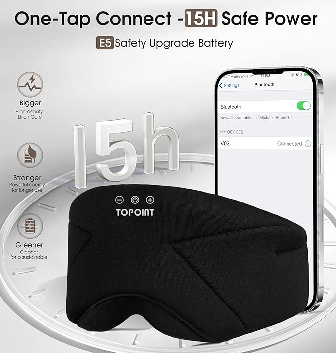 Sleep Mask with Headphones Bluetooth 5.4, TOPOINT Blackout Eye Mask for Sleeping Headphones Earphones with Soft Bamboo Cotton Cooling Breathable, HD Stereo Speaker for Side Sleepers Women Men Travel