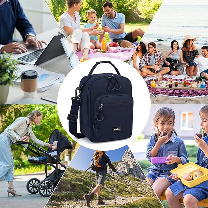 Insulated Lunch Bag with Adjustable Shoulder Strap, Lunch Box for Women Men, Reusable Portable Lunchbox for Office Work Picnic (Navy Blue)