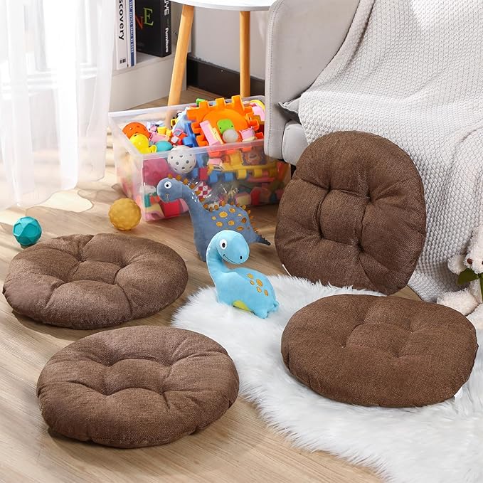 Fumete 8 Pcs 16 Inch Round Floor Cushions for Kids and Toddlers, Flexible Seating Classroom Furniture Floor Pillow for Home, Daycare, Preschool, Yoga and Meditation (Brown)