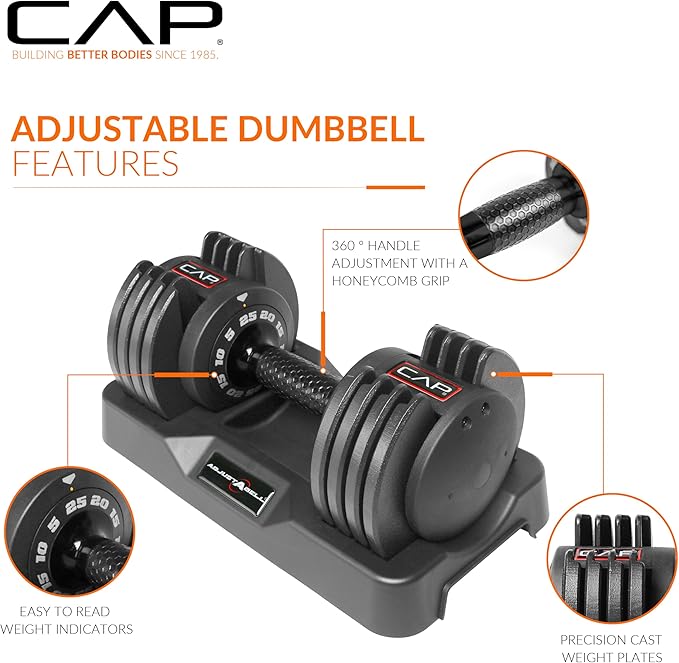 CAP Barbell ADJUSTABELL Adjustable Round Dumbbell Weights - Singles & Pairs | 12.5 lb, 25 lb & 55 lb | Multiple Handle Options