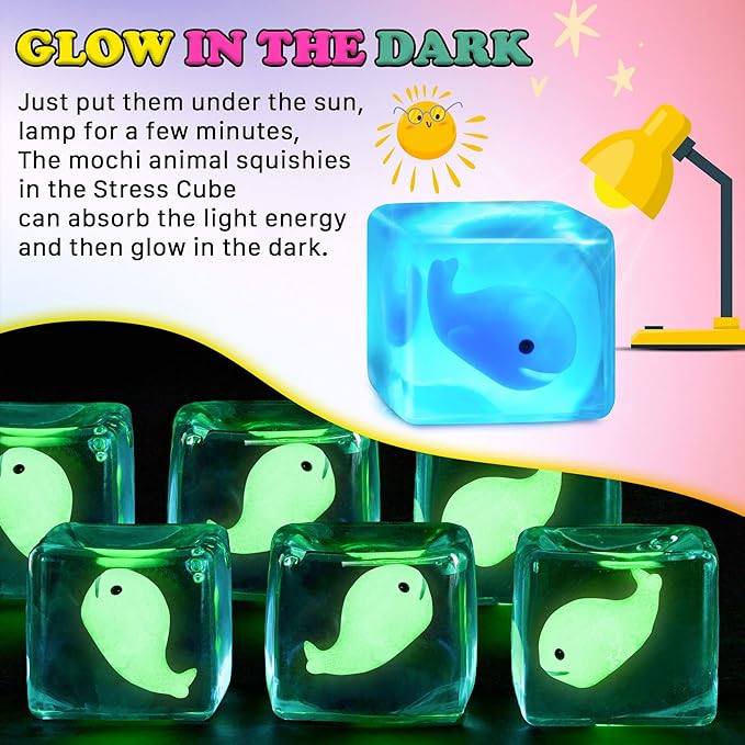 Squishy Stress Cube Fidget Toys Adults - Glow in The Dark Whale Sensory Toys for Kids with Autism Stress Balls for Kids Squeeze Toys for Anxiety Stress Relief Gifts