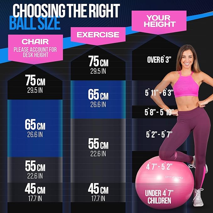 DYNAPRO Exercise Ball Extra Thick Eco-Friendly & Anti-Burst Material Supports over 2200lbs, Stability Ball for Home, Yoga, Gym, Birthing, Physio, Swiss, Physical Therapy or Pregnancy