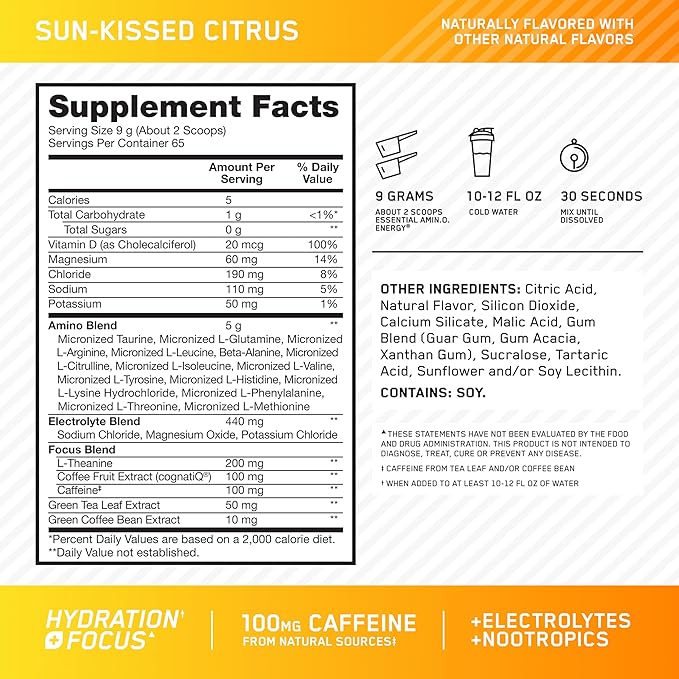 Optimum Nutrition Amino Energy Powder Plus Focus, with BCAA, Electrolytes, and Caffeine, Sunkissed Citrus, 65 Servings (Packaging May Vary)