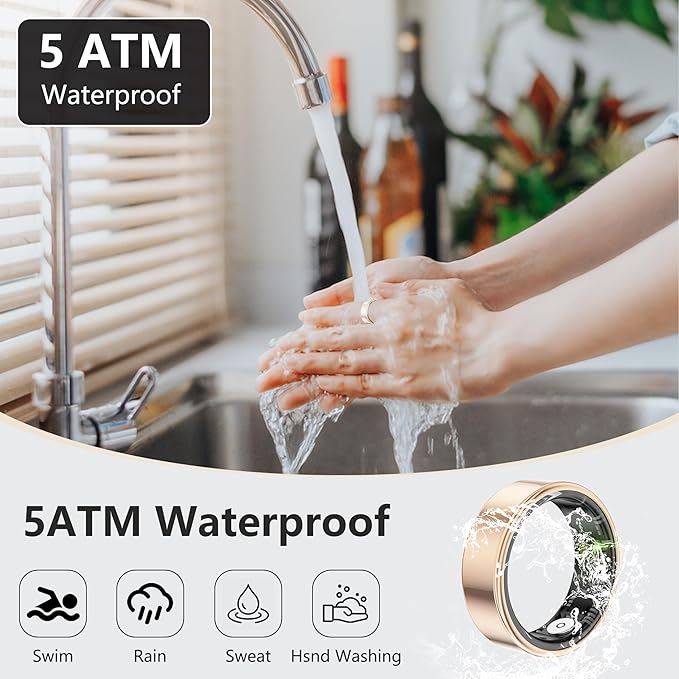 Thin Smart Ring for Fitness & Health Tracking -Pedometer,Sleep/Heart Rate/Blood Oxygen Monitor, Gesture Control / 5ATM Waterproof -No APP Subscription Compatible with Smart Phone (Rose Gold, 10)