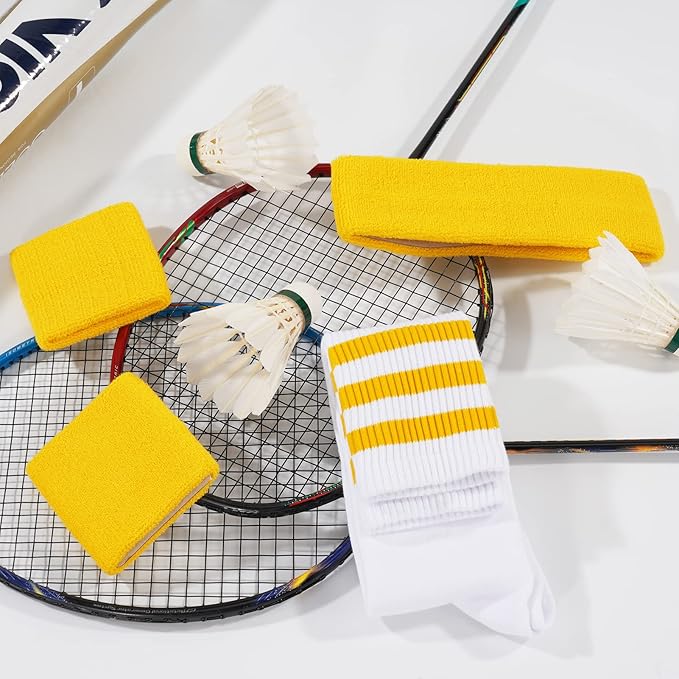 ONUPGO 5 Pieces Sweatbands Striped Socks Set Sports Headband Wristbands High Tube Socks 80s Accessories Costumes