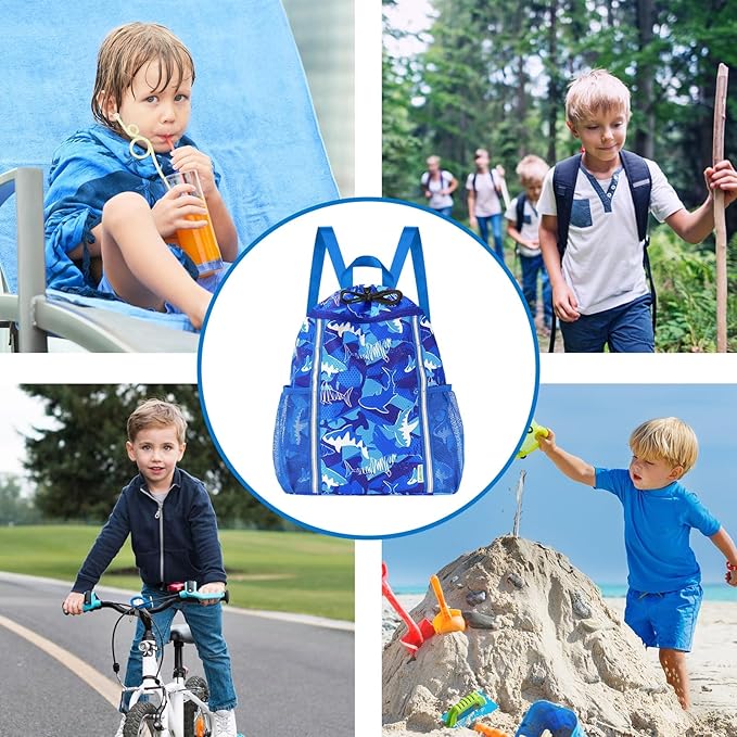 WAWSAM Kids Gym Drawstring Backpack String Bag, Shark Sports Gym Bag for Kids Boys Waterproof Swimming Beach String Cinch Backpack with Two Water Bottle Pocket