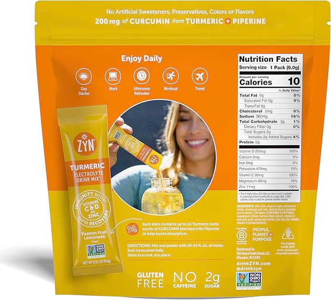 ZYN Electrolytes Powder Hydration Packets with Vitamins, Zinc & Turmeric Curcumin for Gut Health, Immune Support, Low Sugar Electrolyte Drink Mix Packets with Piperine, Passion Fruit Lemonade, 16 Pack