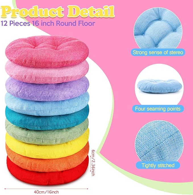 Fumete 12 Pcs 16 Inch Round Floor Cushions for Kids and Toddlers, Flexible Seating Classroom Furniture Floor Pillow for Home, Daycare, Preschool, Yoga and Meditation (Fresh)