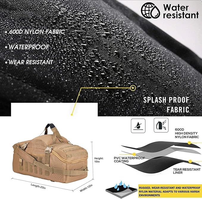 Gym Bag Duffle Bags Backpack Travel Duffle Bag with Weekend Overnight Bag for Outdoor Tactical Sports Travel Camping Hunting (Coyote, 60L)