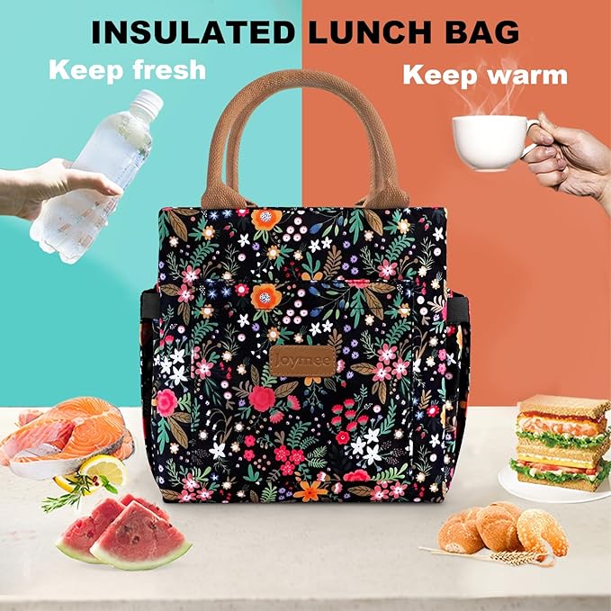 Joymee Lunch Bag Women, Leakproof Insulated Floral Lunch Box with Adjustable Shoulder Strap Large Reusable Adult Lunch Box Lunch Tote Lunch Bag with Water Bottle Holder and Side Pockets-Multi-Floral