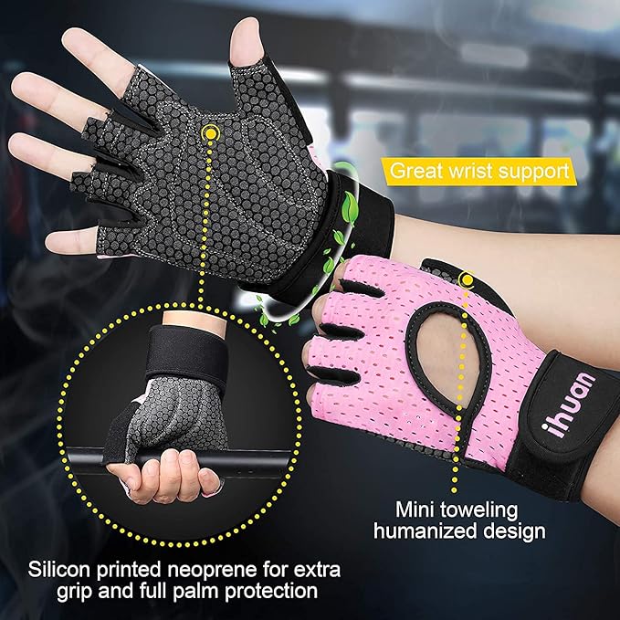 ihuan Breathable Weight Lifting Workout Gym Gloves: Fingerless Exercise Wrist Support | Enhance Palm Protection | Extra Grip for Fitness |Training | Rowing | Pull-ups