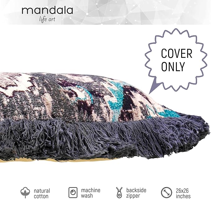 Mandala Life ART Meditation Cushion Cover with Fringe- 26 inches - Cotton - Square Floor Pillow - Moroccan Room Decor - Boho Accent - Bohemian Zafu Pouf
