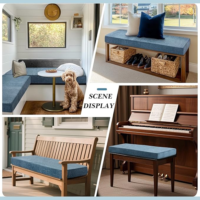 Leinuosen Bench Cushion 42x16x4 Inch for Indoor Furniture Weaving Texture Chenille Kitchen Bay Window Non Slip Seat Cushion Tufted Thicken Pad for Patio Porch, Mudroom Entryway (Haze Blue)