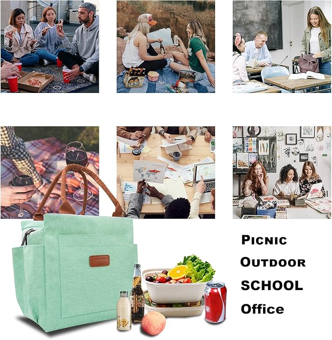 Joymee Lunch Bag Women Insulated Lunch Box Reusable Leakproof Large Spacious Tote for Women Men Adult with Bottle Holder and Side Pockets for Work Picnic Travel - Heather Teal