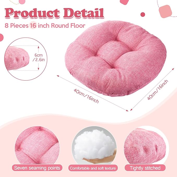 Fumete 8 Pcs 16 Inch Round Floor Cushions for Kids and Toddlers, Flexible Seating Classroom Furniture Floor Pillow for Home, Daycare, Preschool, Yoga and Meditation (Pink)