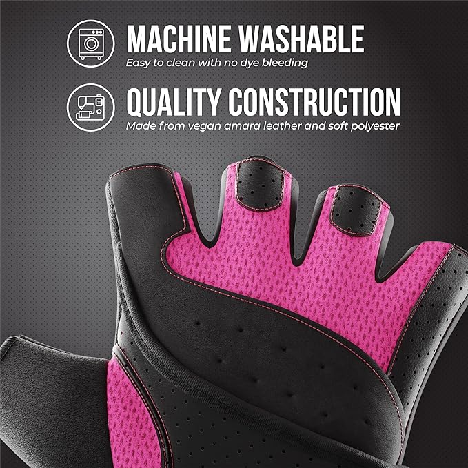 5737 Womens Padded Wrist Wrap Weight Lifting Gloves w/GripLock Padding (Pair) - Machine Washable Fingerless Workout Gloves w/Wrist Support Designed for Women