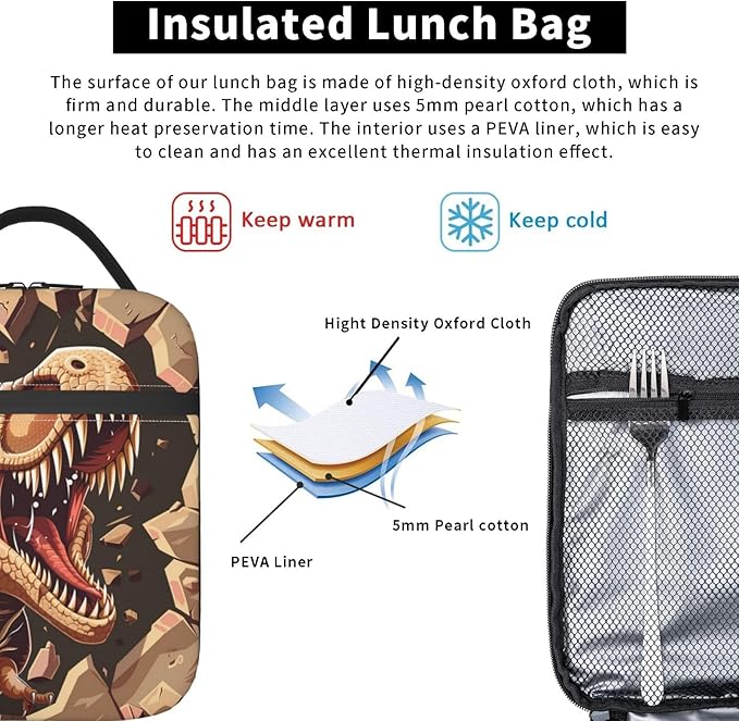 Insulated Lunch Box for Women Men, Dinosaur Lunch Box Reusable Portable Lunch Bag Cooler Tote Waterproof Lunch Container for Office Picnic Work Travel