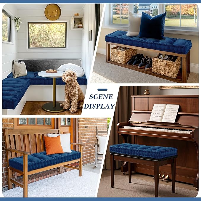 Bench Cushions for Indoor Furniture 42x16 in Velvet Kitchen Dining Piano Window Seat Cushion, Tufted Patio Porch Swing Thicken Bench Pad Memory Foam(Royal Blue)