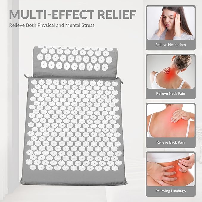Fitvids Acupressure Mat and Pillow Set for Back/Neck Pain, Acupuncture Products to Relieve Muscle Fatigue, Improve Insomnia for Sedentary People, Acupuncture Eases Stress, Massage Mat, Grey