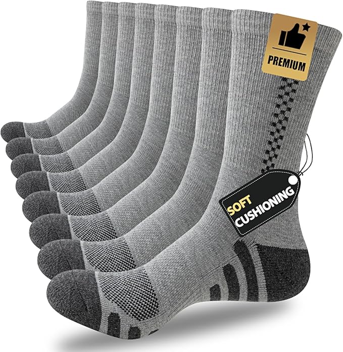 JOYNÉE 8 Pairs Mens Crew Athletic Work Long Socks Calf Cushioned Socks for Sports Running Workout Gym