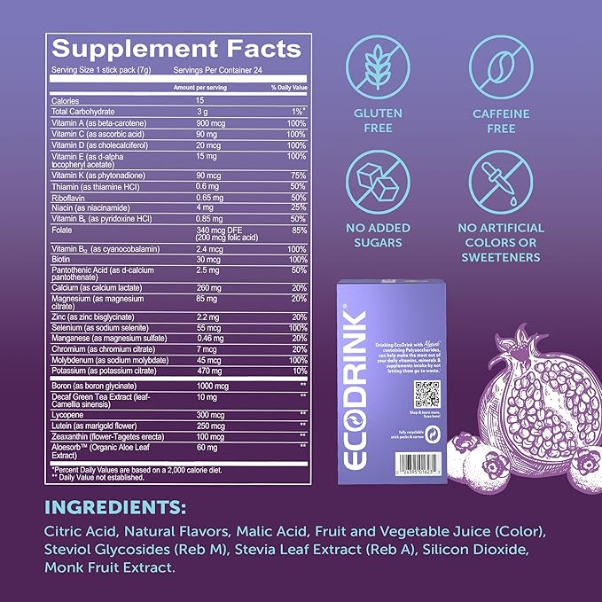 Lily of The Desert EcoDrink Nutrient Support Hydration Packets, Blueberry Pomegranate – Naturally Sweetened Multivitamin Electrolyte Mix with Aloe, 24 Stick Packs/Box, 0.25 Oz Ea