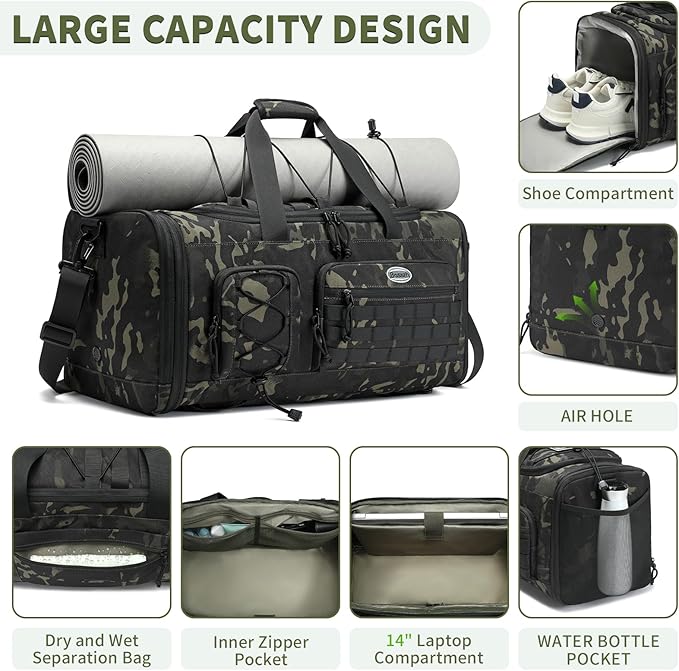 Bosstin Gym Bag for Men & Women,45L Travel Duffle Sports Duffel Bag Gym Weekender Overnight Backpack with Shoe Compartment (GREEN CAMOUFLAGE)