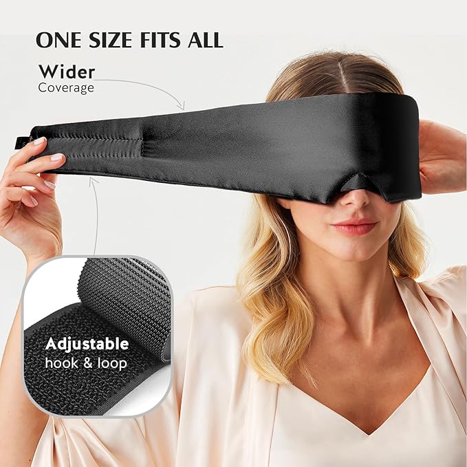 YFONG 100% Mulberry Silk Sleep Mask, Total Blackout Eye Mask for Women & Men, 22 Momme 6A Grade Silk with Adjustable Band Designed for Side Sleeper Black