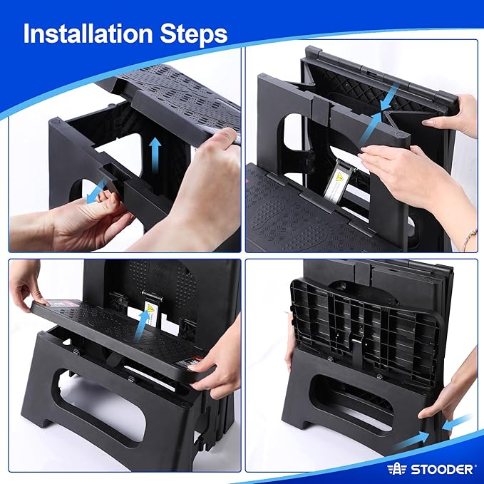 Folding 2-Step Stool - Upgraded Stable A-Frame, Safety Lock, Anti-Slip Rubber Feet, 300lb Capacity, No Assembly - 8" 17" Step Stools for Kitchen, Bathroom, Bed, RV, Home, Office (Black)