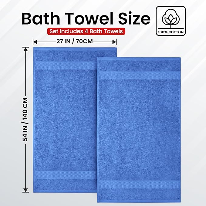 Infinitee Xclusives Luxury 100% Ring-Spun Cotton Bath Towels Set of 4 (27x54 inches) – Soft, Absorbent & Quick-Drying Towels for Bathroom, Gym, Spa & Hotel Use (Eloquent Blue, Bath Towels)