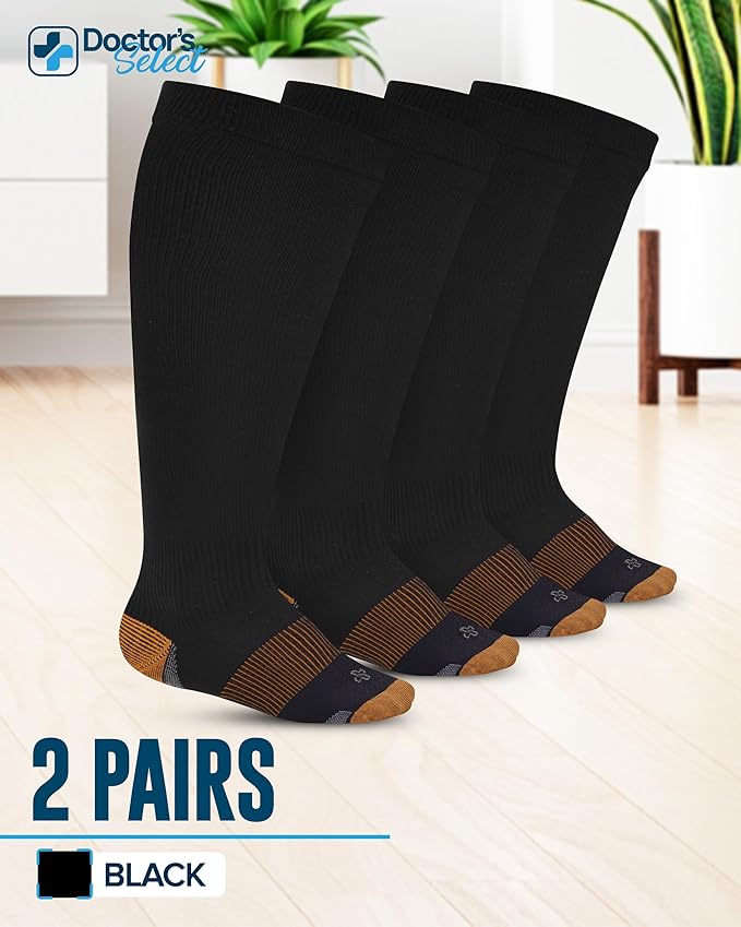 Doctor's Select Copper Plus Size Compression Socks Wide Calf - 2 Pairs | 20-30mmHg Extra Wide Calf Compression Sock Women | Copper Socks for Swelling, Varicose Veins | Extra Wide Calf Compression Sock | Black Wide Compression Socks for Women & Men