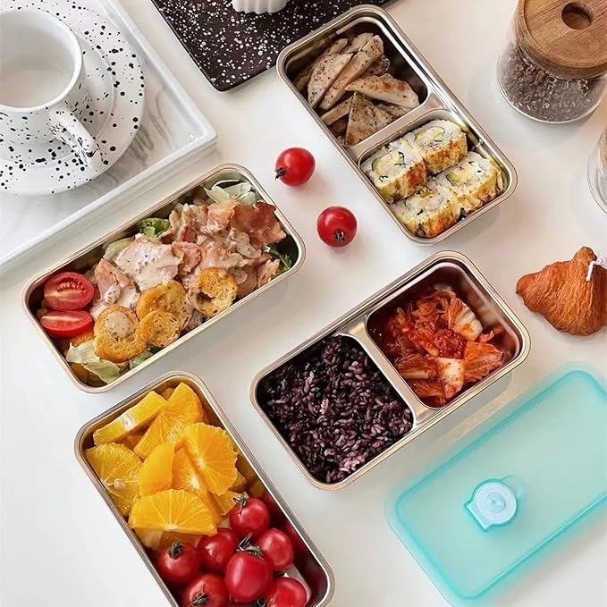 Stainless Steel Snack Containers for Kids and Adults [2/4/6-Pack Set] Reusable Food Storage Container Set with Lids-2 Compartment Bento Box for Lunch, Travel, Meal Prep- Leakproof & Dishwasher Safe(4)