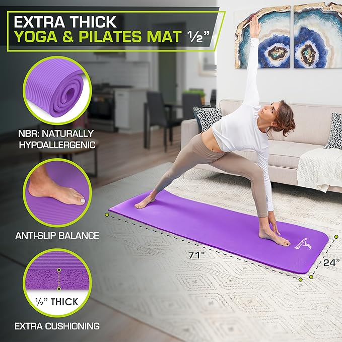 ProsourceFit Extra Thick Yoga and Pilates Mat ½” (13mm), 71-inch Long High Density Exercise Mat with Comfort Foam and Carrying Strap