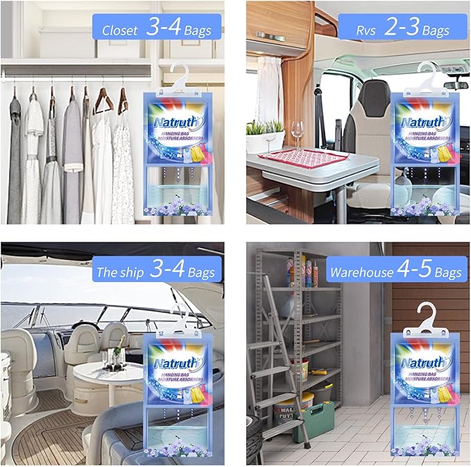 NATRUTH 12-PACK Moisture Absorber Bags With Fresh Linen,Desiccant Hanging Bag Use for Kitchen Bathroom Wardrobe, Eliminates Odors, Hanging Closet Dehumidifier Bags for Closet
